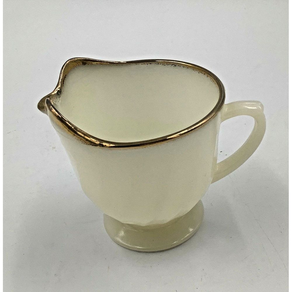 Fire King Ware White Cup with Pour Spout and Handle USA gold trim footed Vintage